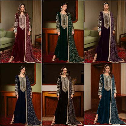 UA-324 Embroidered Velvet Kaftan 3 Pc | Umnaa