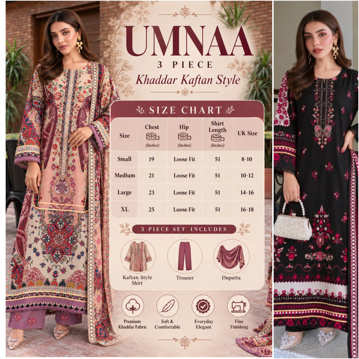 UA-325 Printed Kaftan Khaddar Style 3 Pc Collection | Umnaa