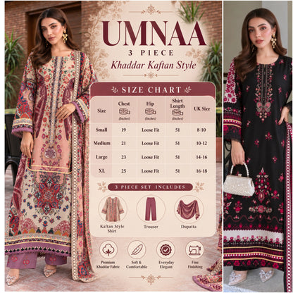 UA-325 Printed Kaftan Khaddar Style 3 Pc Collection | Umnaa