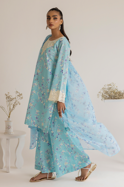 (Ice Blue) 3 Piece "Dastaan" Embroidered Lawn Dress - Esra Fashion