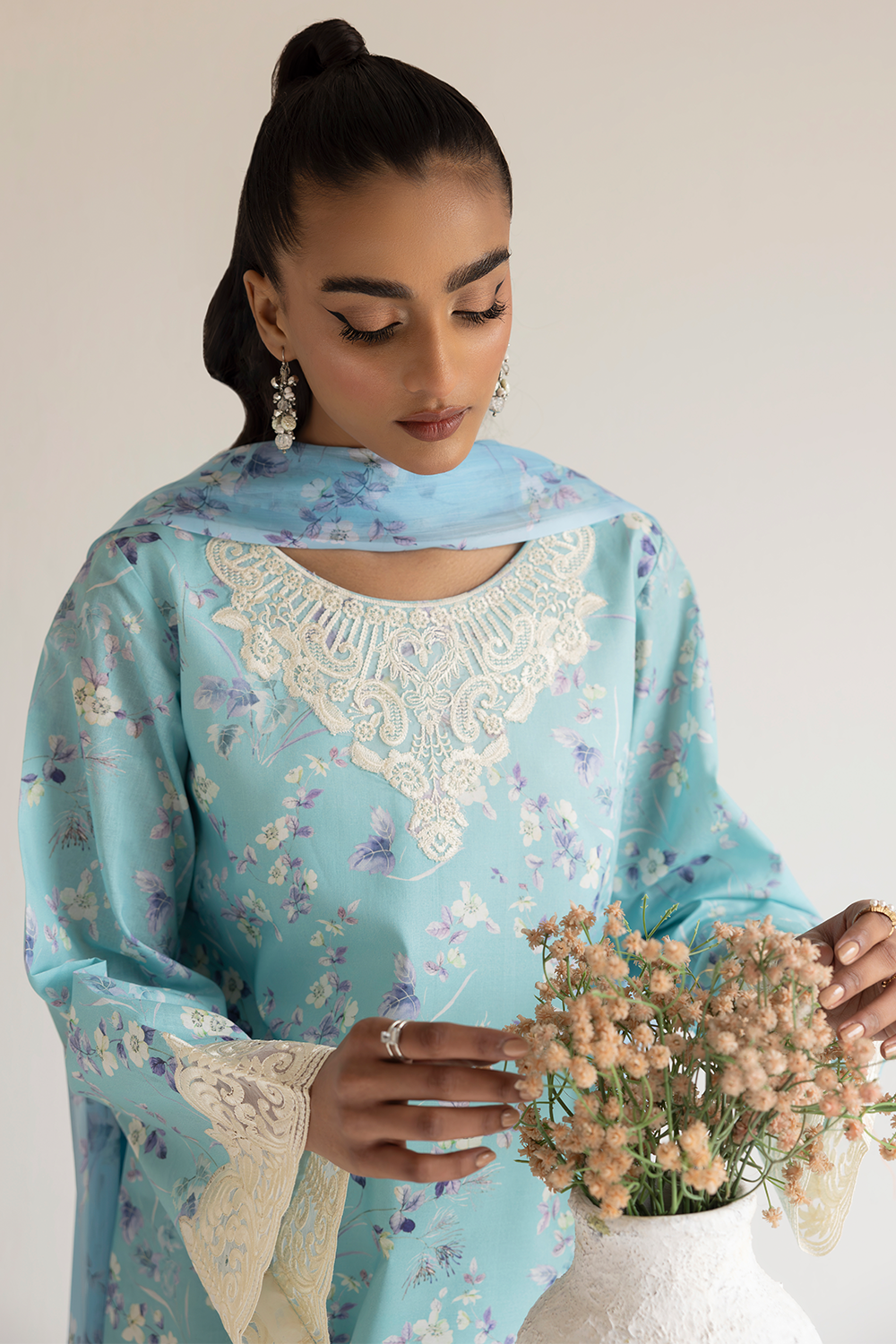 (Ice Blue) 3 Piece "Dastaan" Embroidered Lawn Dress - Esra Fashion