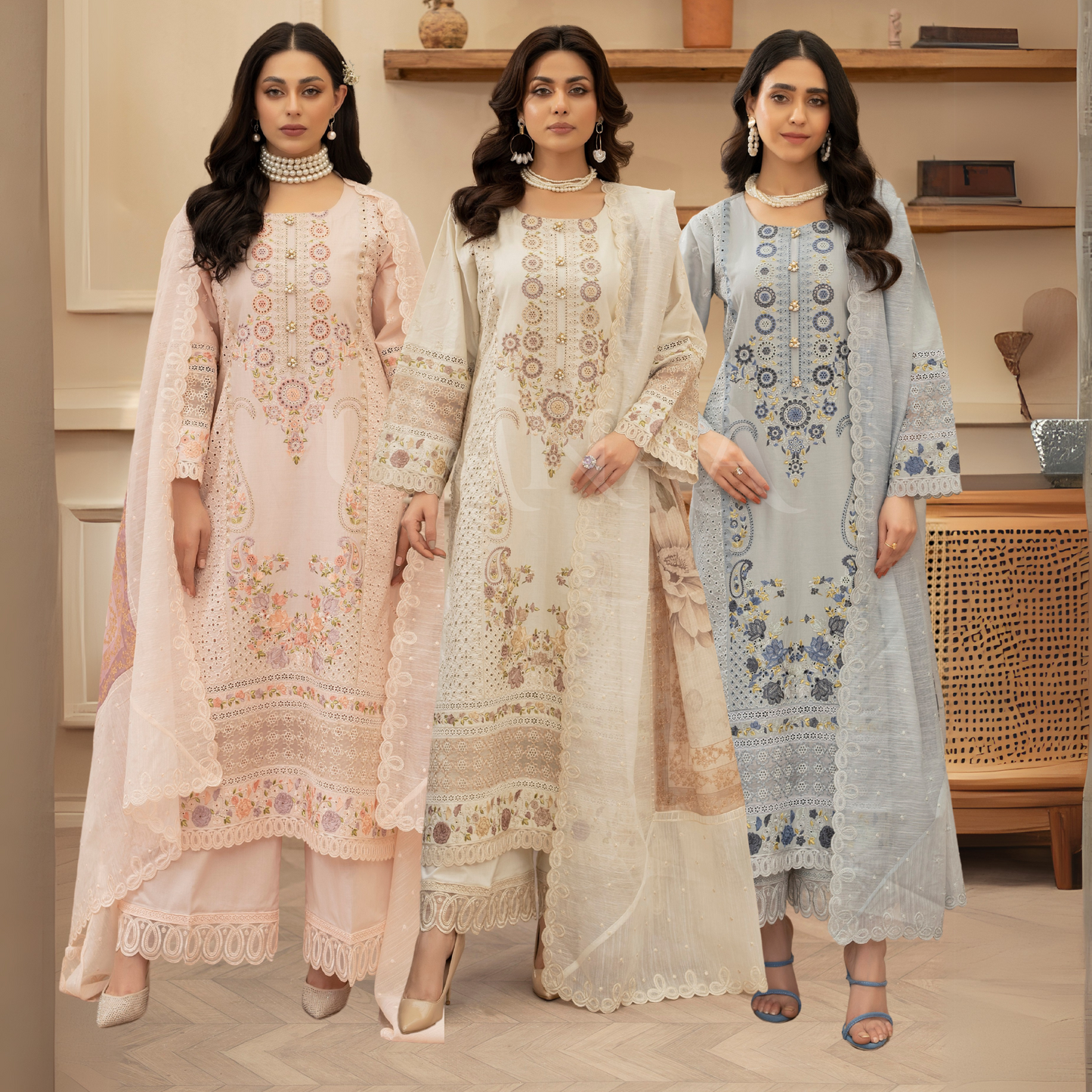 KC-1434 Embroidered Chikenkari Cambric Cotton Dress Ready to Wear 3 Pc - Karma Collection