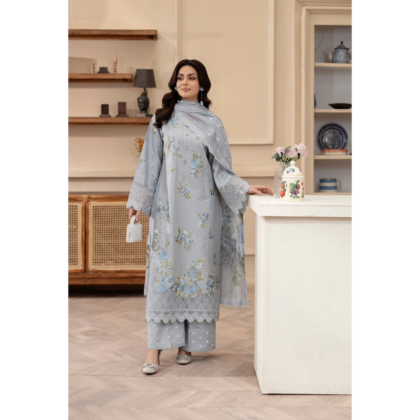 KC-1438 Embroidered Cambric Cotton Dress Ready to Wear 3 Pc - Karma Collection