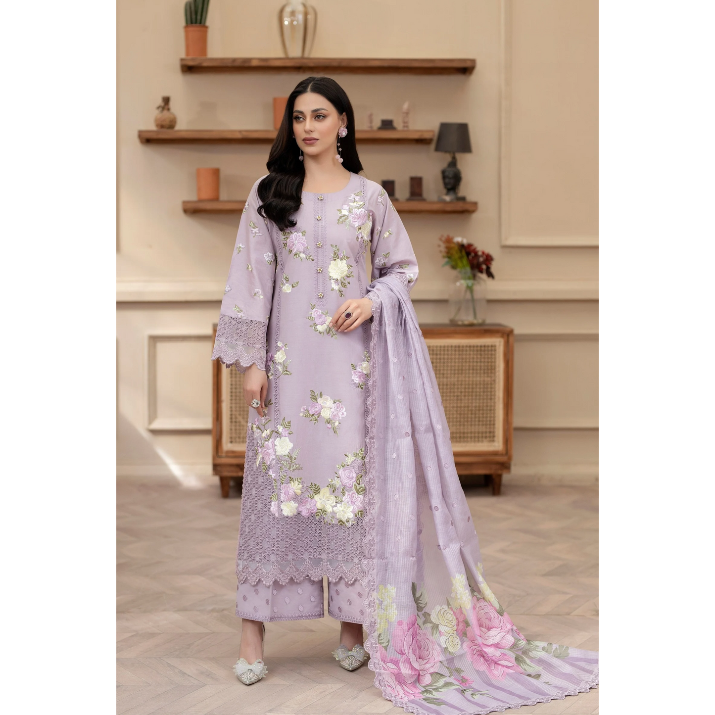 KC-1438 Embroidered Cambric Cotton Dress Ready to Wear 3 Pc - Karma Collection