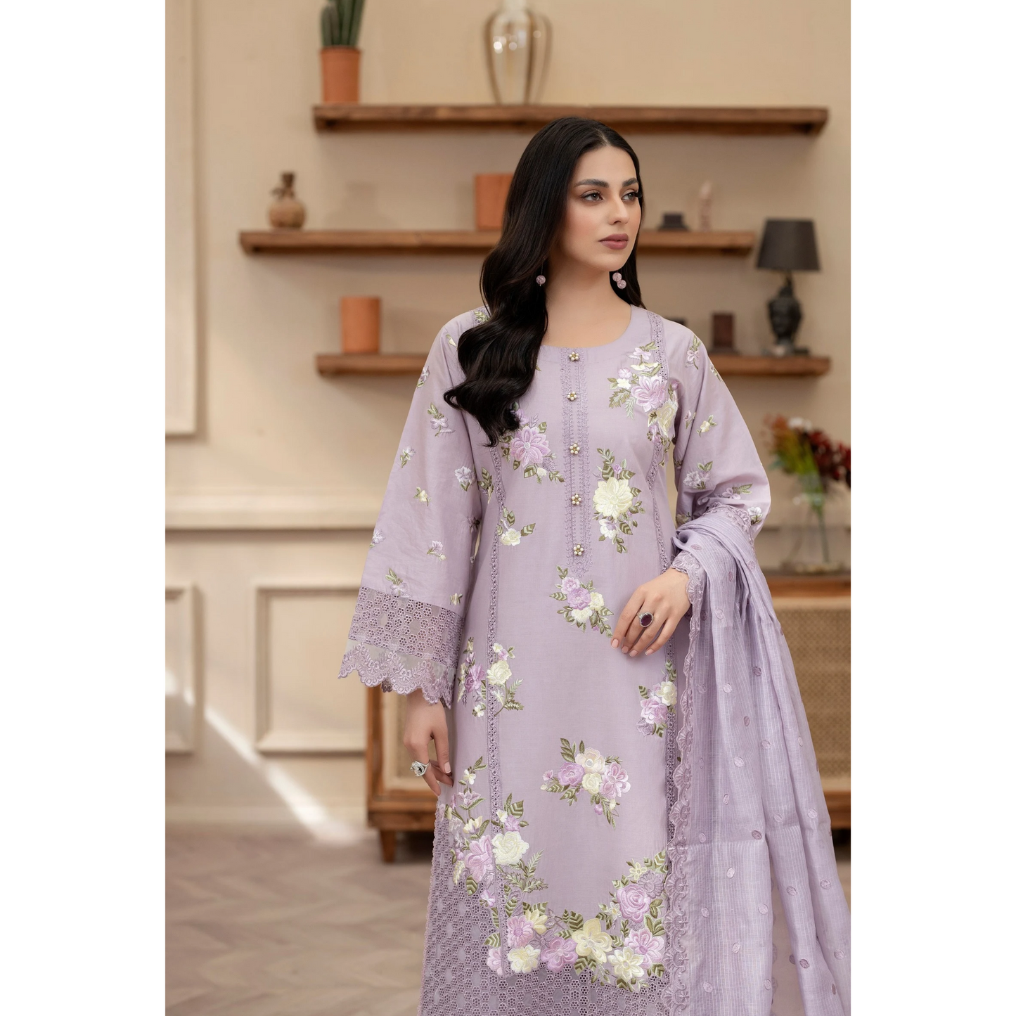 KC-1438 Embroidered Cambric Cotton Dress Ready to Wear 3 Pc - Karma Collection