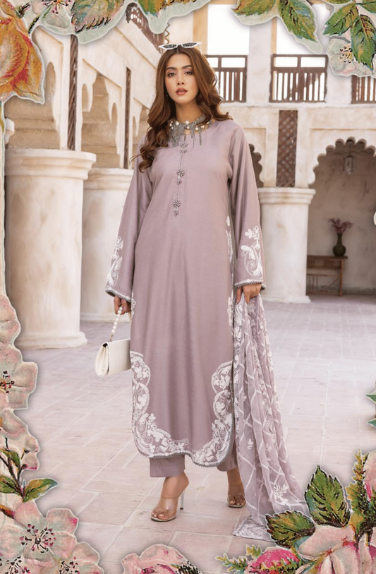 Tea Pink 3 Piece "Khoobsurat" Embroidered Linen by Simrans