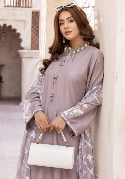 Tea Pink 3 Piece "Khoobsurat" Embroidered Linen by Simrans