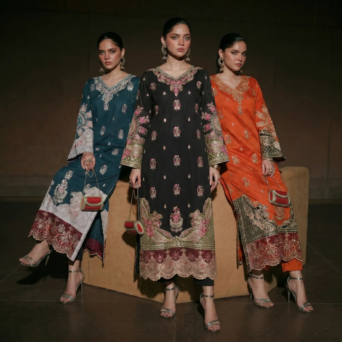 UTT-23 Embroidered Viscose Linen Kaftan Style 2 Piece Co Ord Set Collection by Traditional Thread