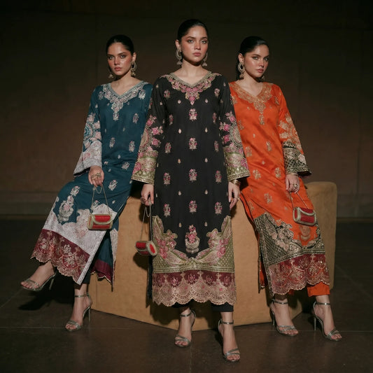 UTT-23 Embroidered Viscose Linen Kaftan Style 2 Piece Co Ord Set Collection by Traditional Thread