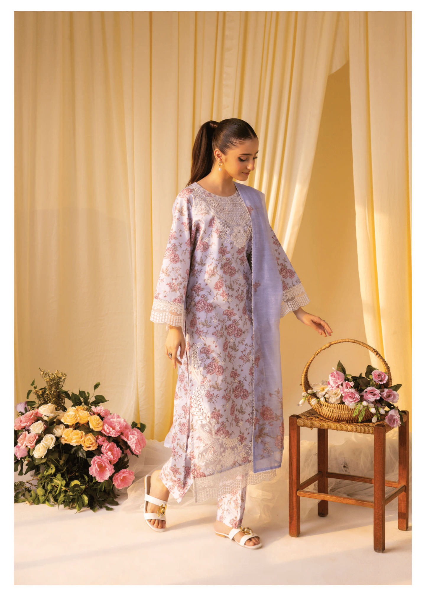 Lilac 3 Pc Printed embroidered lawn dress - Muskin