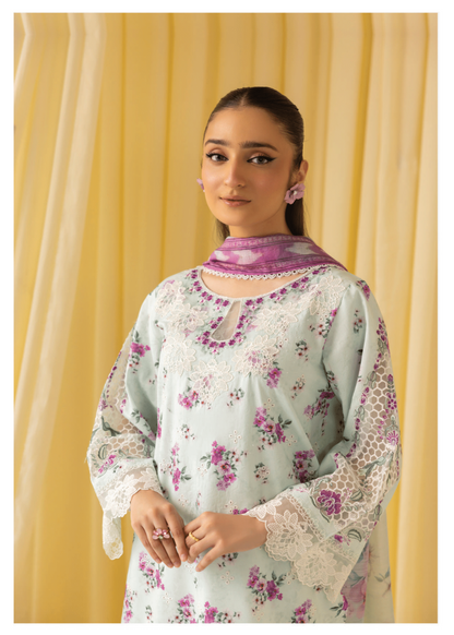 Light Pastel Green 3 Pc Printed embroidered lawn dress - Muskin