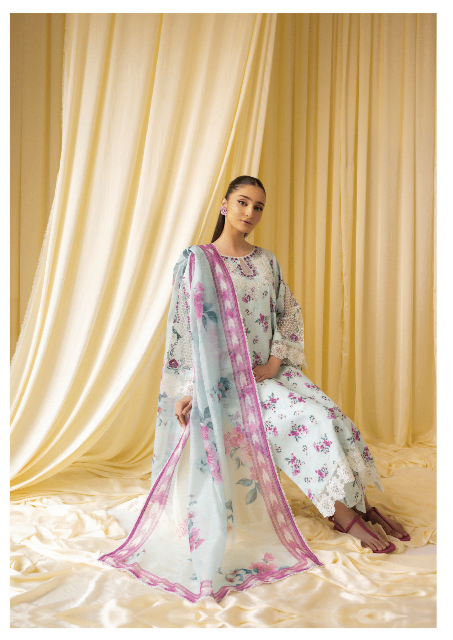 Light Pastel Green 3 Pc Printed embroidered lawn dress - Muskin