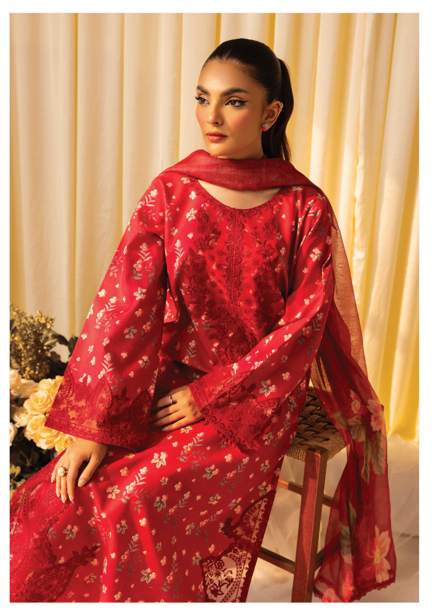 Pink 3 Pc Printed embroidered lawn dress - Muskin