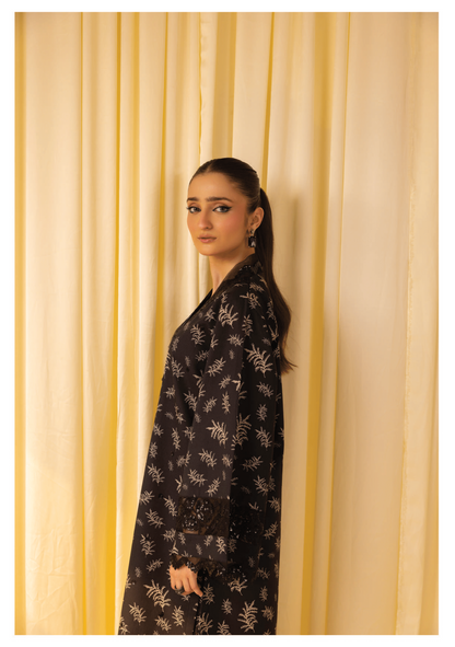 Black 3 Pc Printed embroidered lawn dress - Muskin