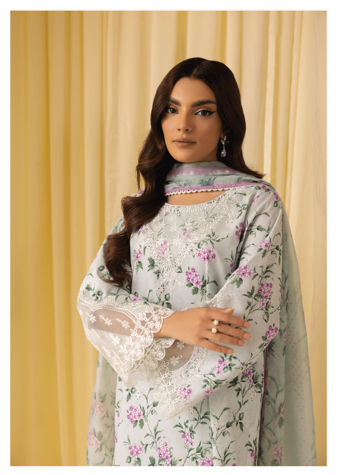 Pearl Grey 3 Pc Printed embroidered lawn dress - Muskin
