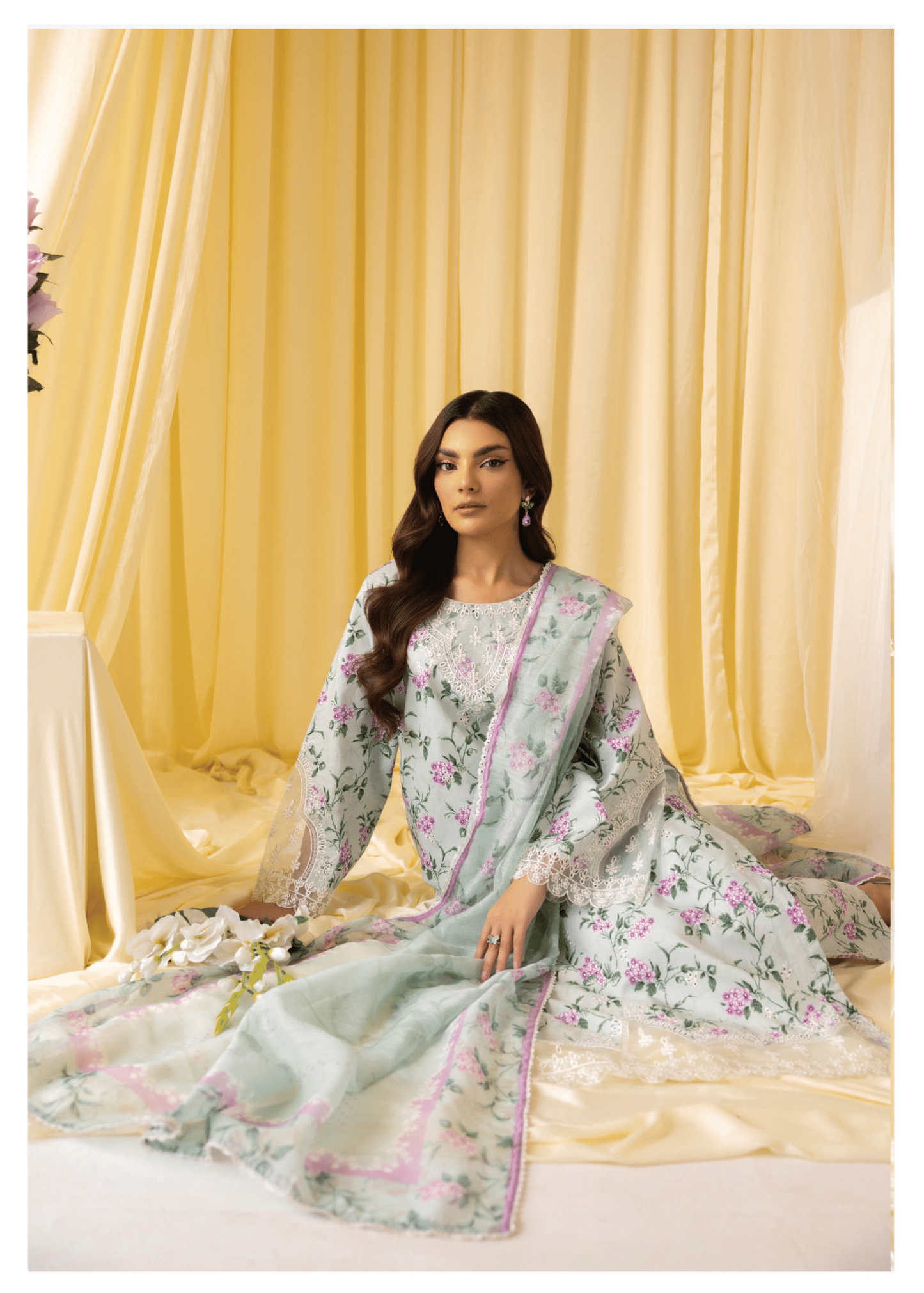 Pearl Grey 3 Pc Printed embroidered lawn dress - Muskin