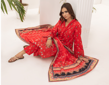 (BRIGHT RED) Embroidered 3 Piece Lawn Dress - Zainab Fazlani