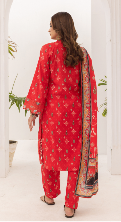 (BRIGHT RED) Embroidered 3 Piece Lawn Dress - Zainab Fazlani