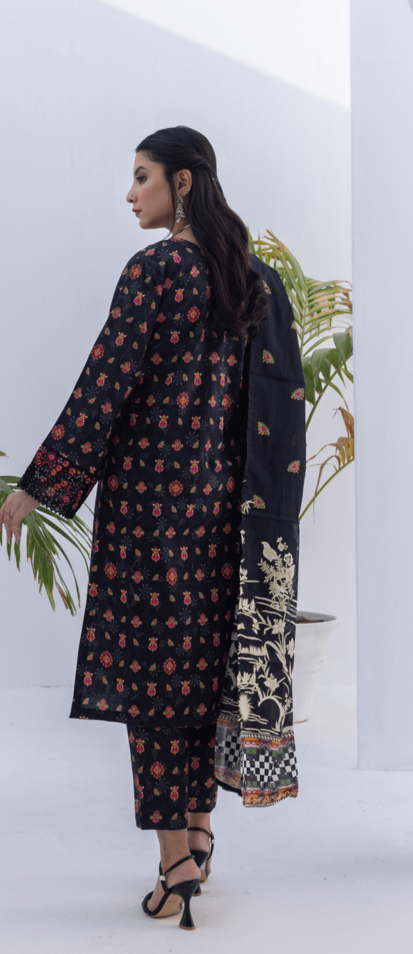 (BLACK) Embroidered 3 Piece Lawn Dress - Zainab Fazlani