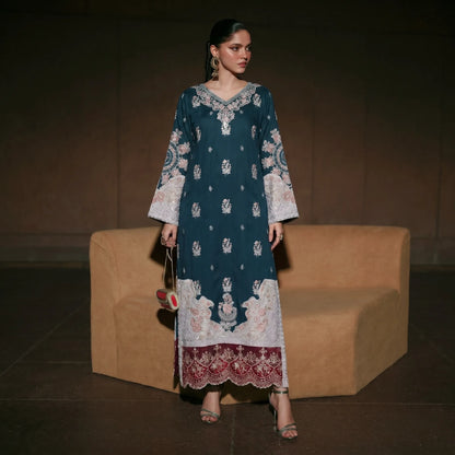 UTT-23 Embroidered Viscose Linen Kaftan Style 2 Piece Co Ord Set Collection by Traditional Thread