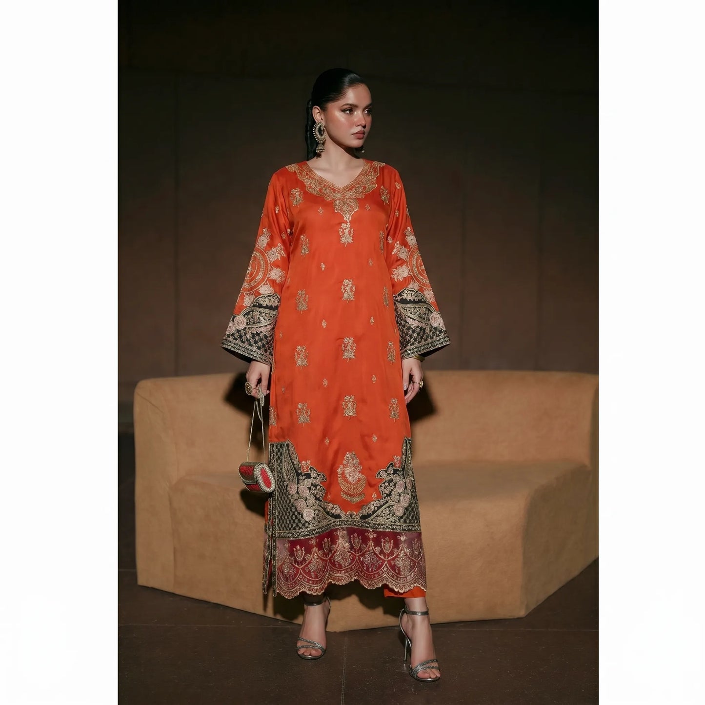 UTT-23 Embroidered Viscose Linen Kaftan Style 2 Piece Co Ord Set Collection by Traditional Thread