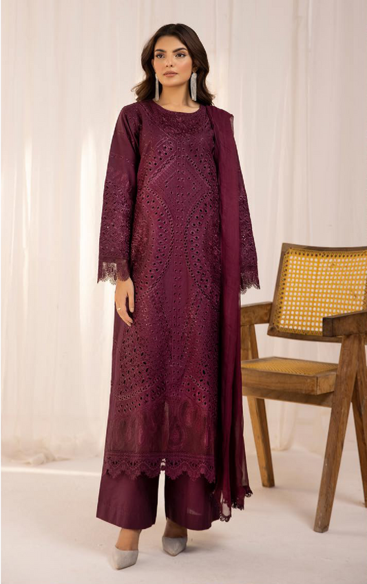 (Maroon) 3 Pc Luxury Chikankari Lawn Dress-Simrans