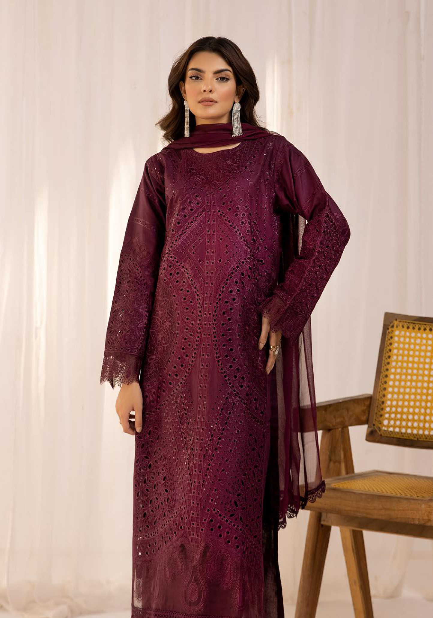 (Maroon) 3 Pc Luxury Chikankari Lawn Dress-Simrans