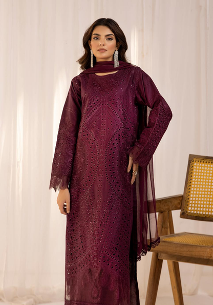 (Maroon) 3 Pc Luxury Chikankari Lawn Dress-Simrans