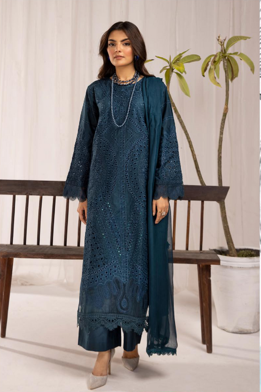 (Blue) 3 Pc Luxury Chikankari Lawn Dress-Simrans