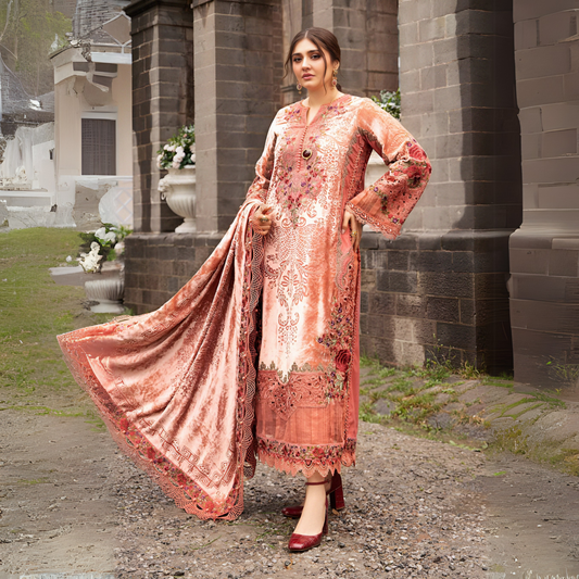 (Peach Pink) Embroidered Luxury Velvet Palachi Dress | 3 Pc | Winter Collection | MARIA.B
