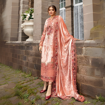 (Peach Pink) Embroidered Luxury Velvet Palachi Dress | 3 Pc | Winter Collection | MARIA.B