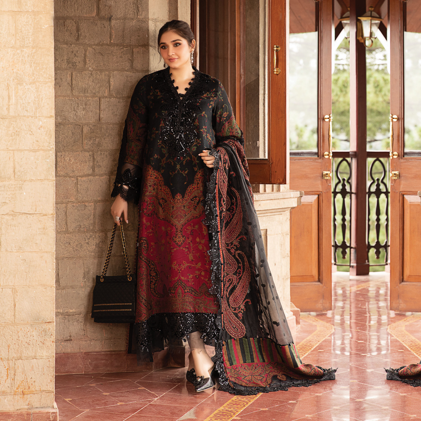 (Multi Black) Embroidered Luxury Velvet & Woven Suit | 3 Pc | Winter Collection | MARIA.B