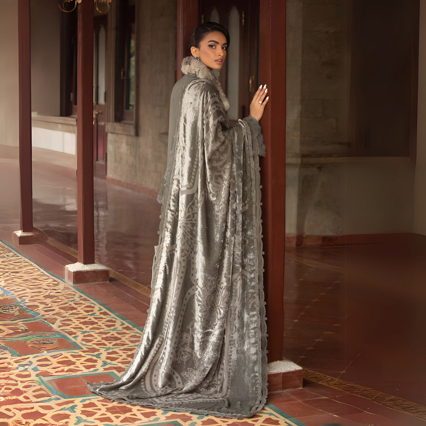 (Dark Grey) Embroidered Luxury Velvet Suit | 3 Pc | Winter Collection | MARIA.B
