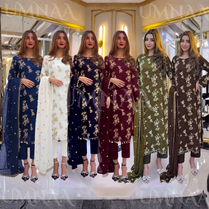 UA-26 3 Piece Embroidered Chiffon Party wear Pakistani Dress | Umnaa