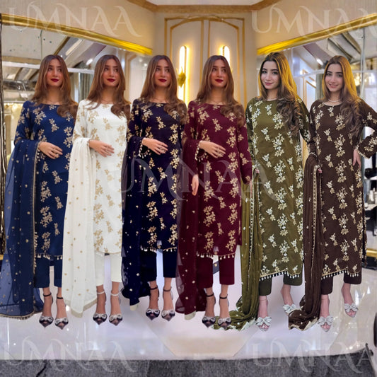UA-26 3 Piece Embroidered Chiffon Party wear Pakistani Dress | Umnaa