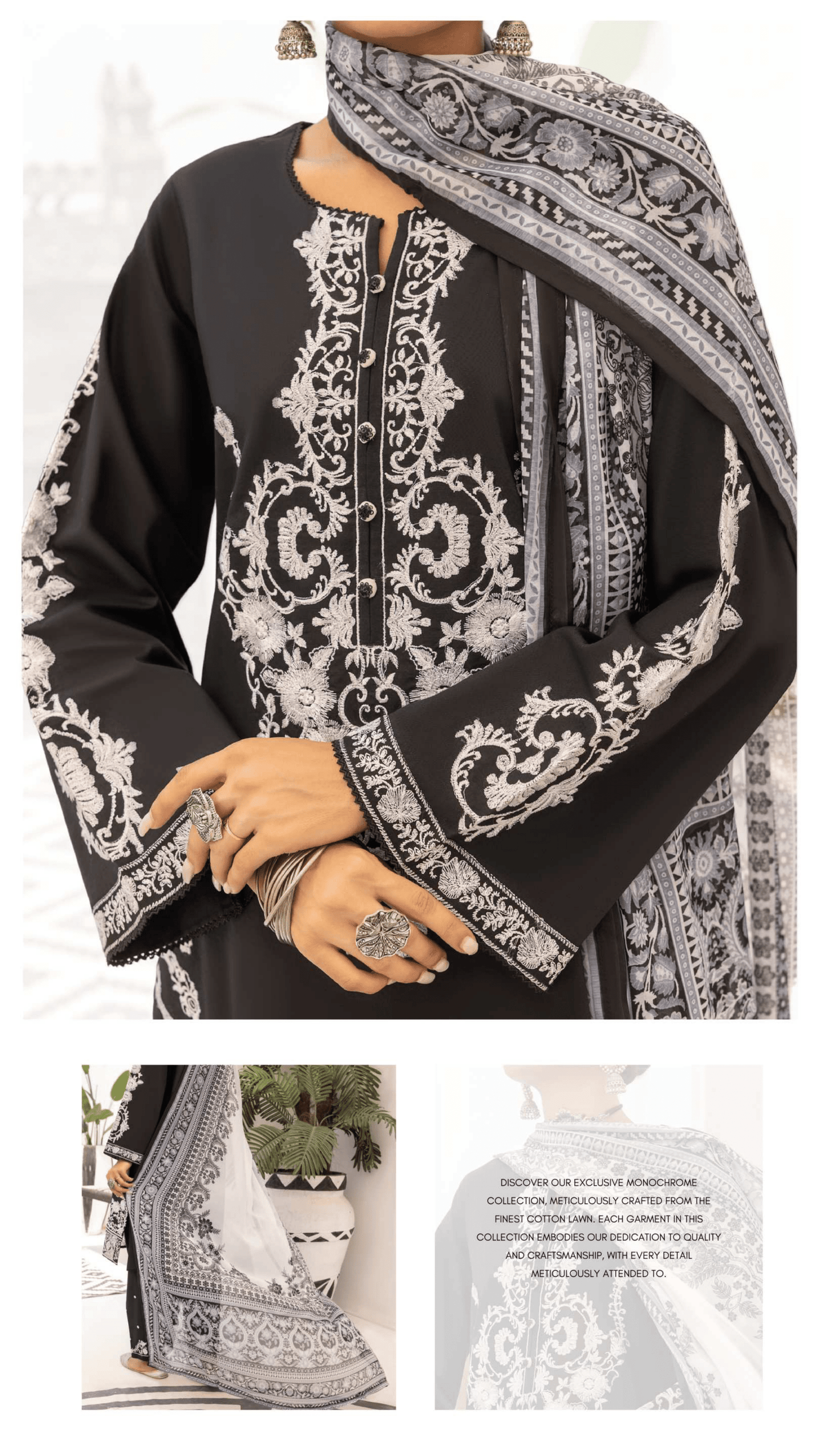 Monochrome 3 Pc Embroidered Cotton Lawn Dress - Casuallite
