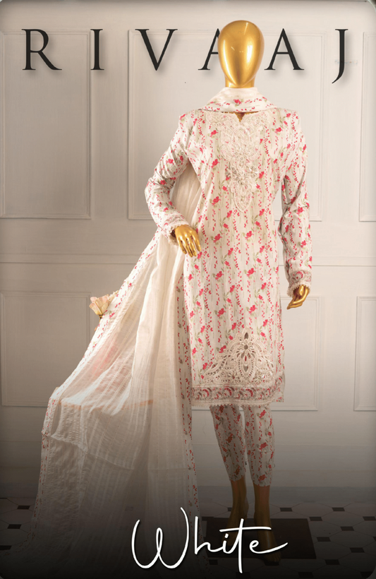 (White) 3 Pc Embroidered Printed Lawn Dress (RIVAAJ)