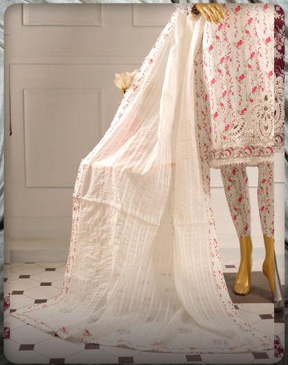 (White) 3 Pc Embroidered Printed Lawn Dress (RIVAAJ)