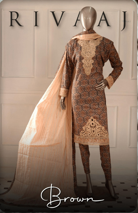 (Brown) 3 Pc Embroidered Printed Lawn Dress (RIVAAJ)