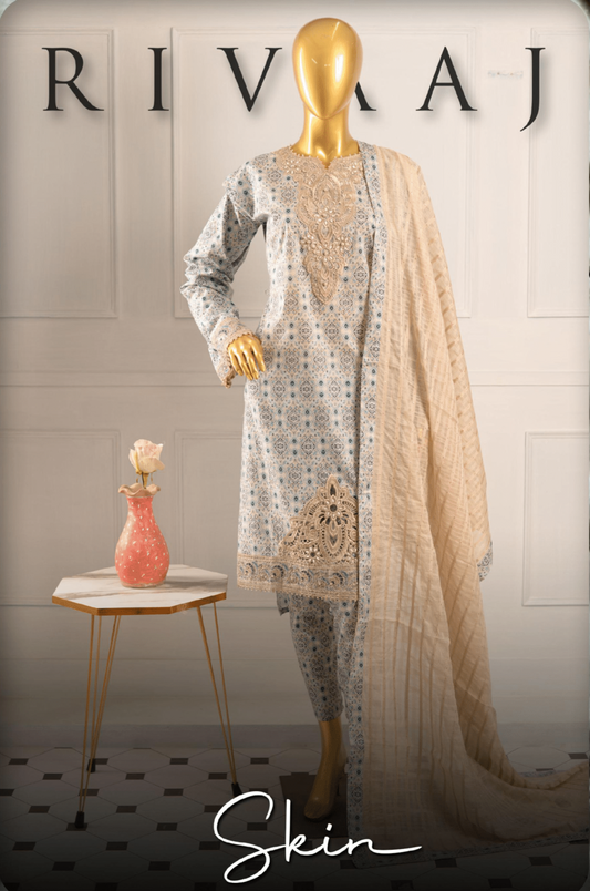 (Light blue) 3 Pc Embroidered Printed Lawn Dress (RIVAAJ)