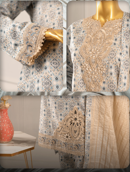 (Light blue) 3 Pc Embroidered Printed Lawn Dress (RIVAAJ)