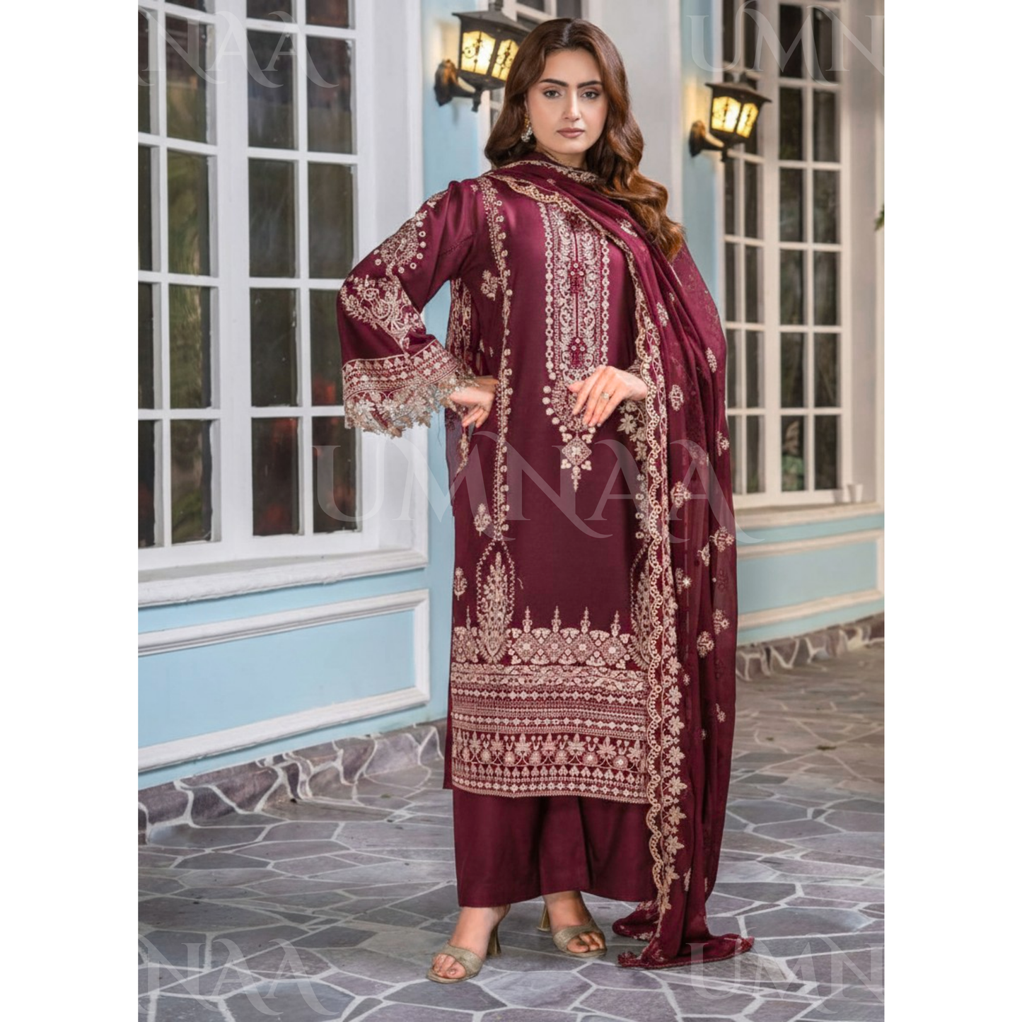 UA-159 Embroidered Dhanak Collection by Umnaa