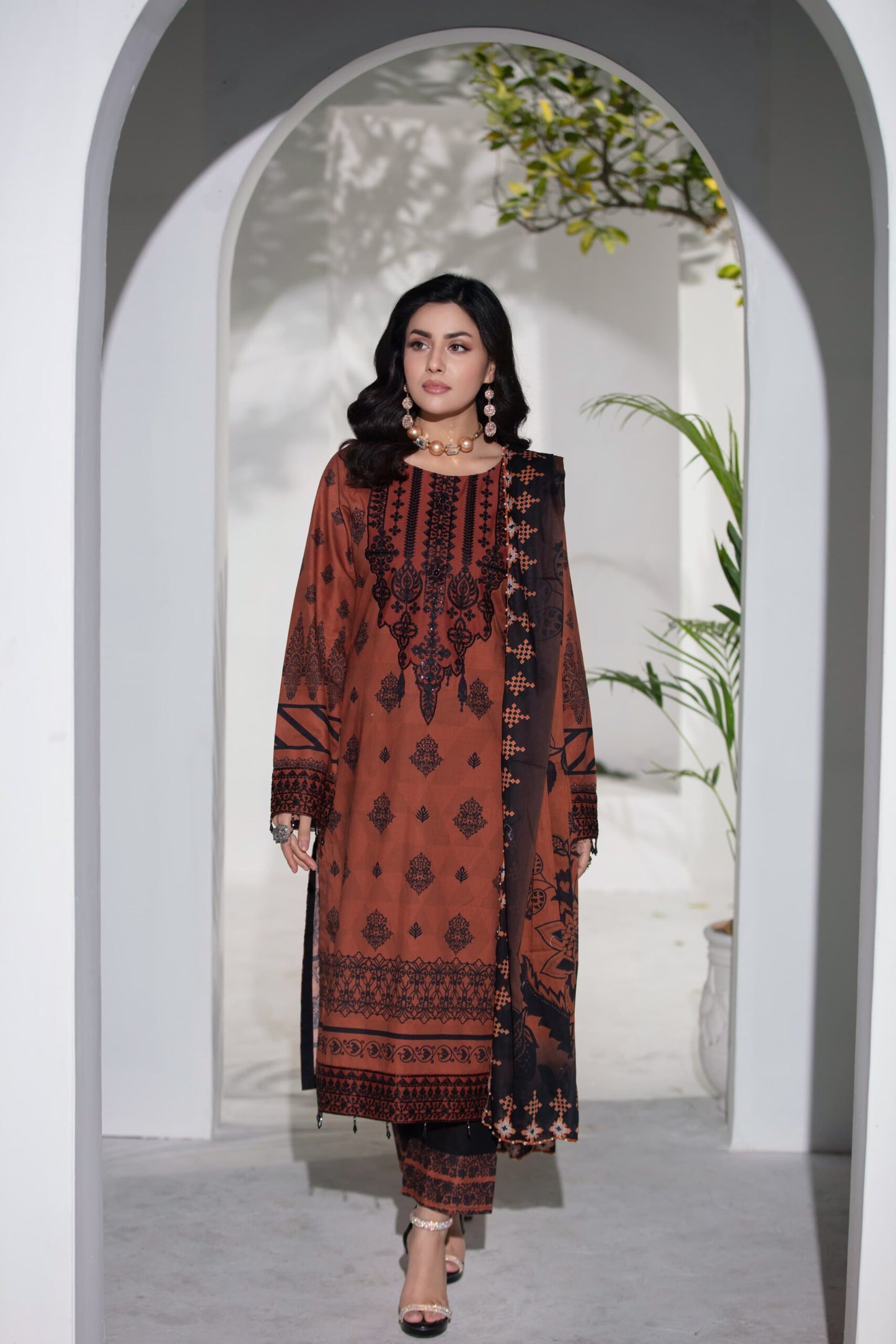 (RED SHADED AUTUMN)  3 Pc Embroidered Cambric Cotton Suit-Heera's