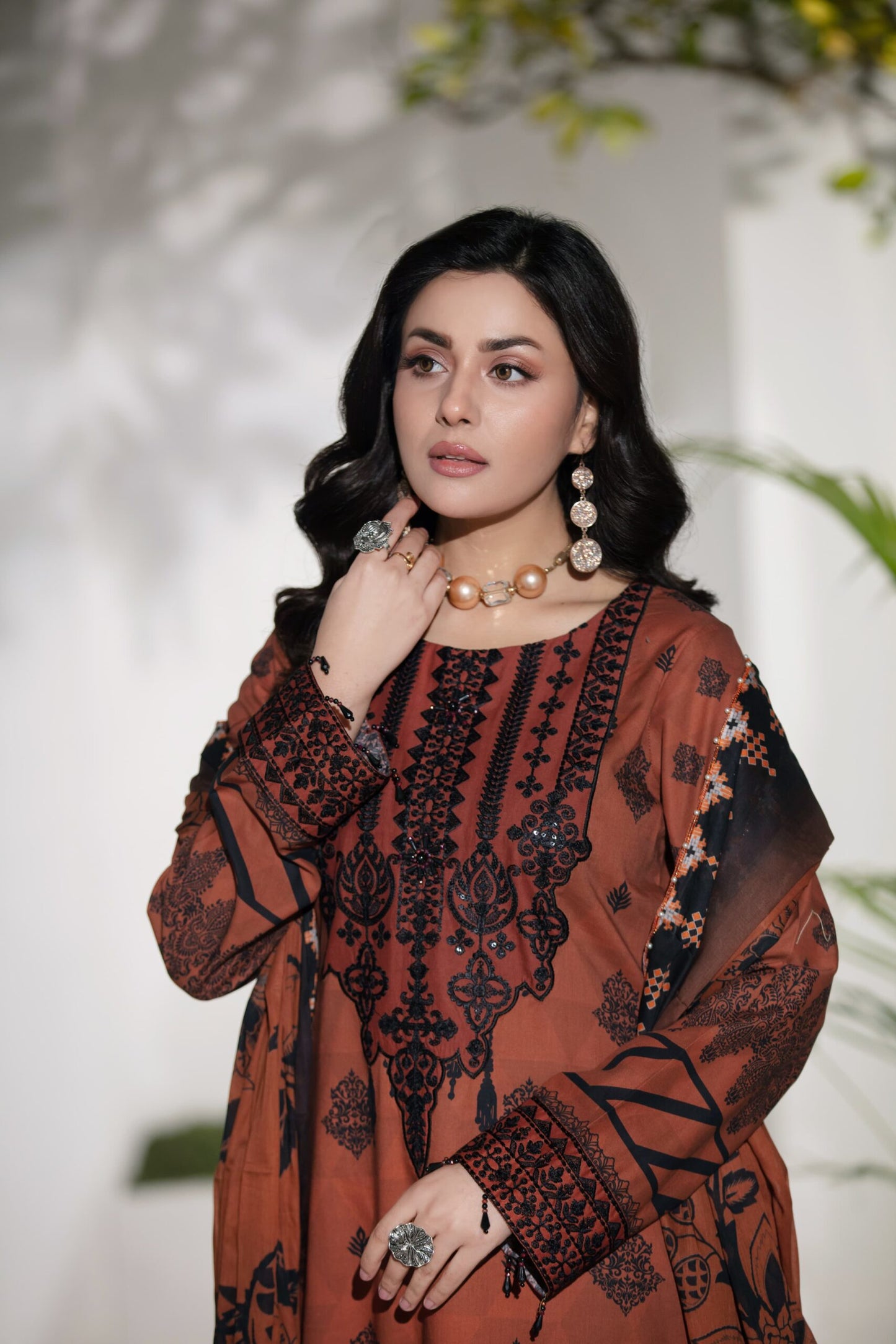 (RED SHADED AUTUMN)  3 Pc Embroidered Cambric Cotton Suit-Heera's