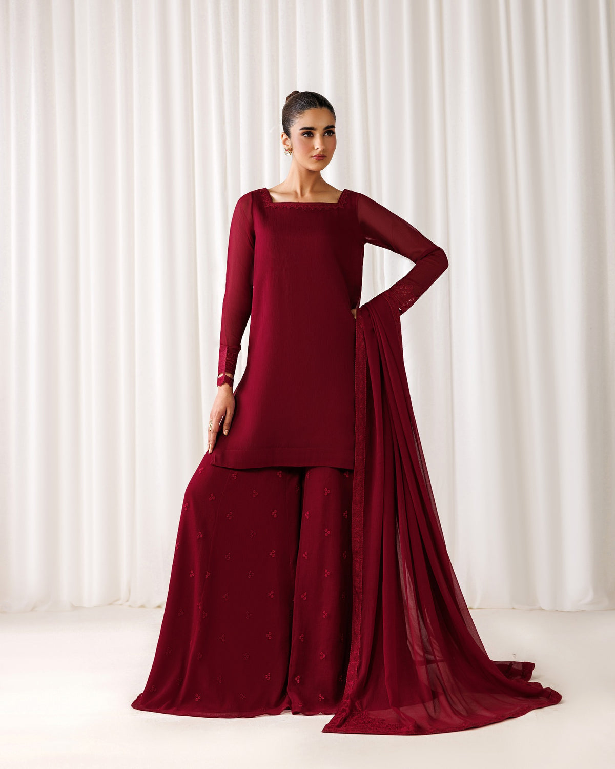 UA-230 Chiffon Sharara Full Sleeves Lined 3 Piece Suit | Chiffon Shirt with Embroidered Sharara & Dupatta | Formal Party Wear