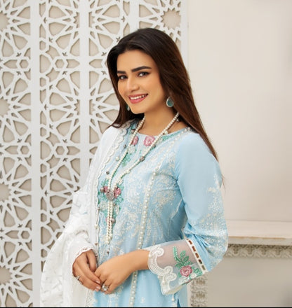 Ice Blue 3 Pc Cambric Cotton Embroidered Dress - Heera's