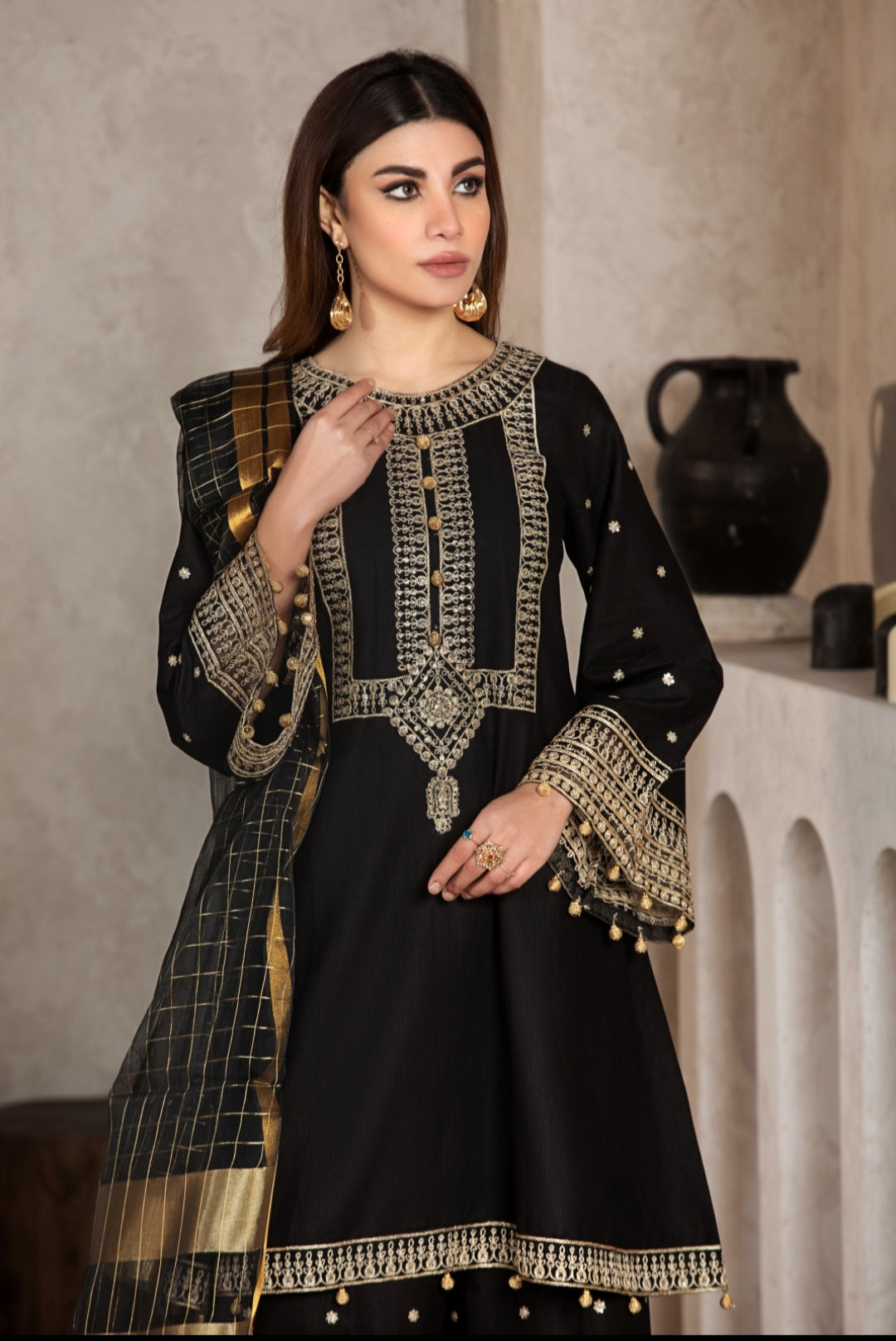 Black 3 Pc Cambric Cotton Embroidered Dress - Heera's