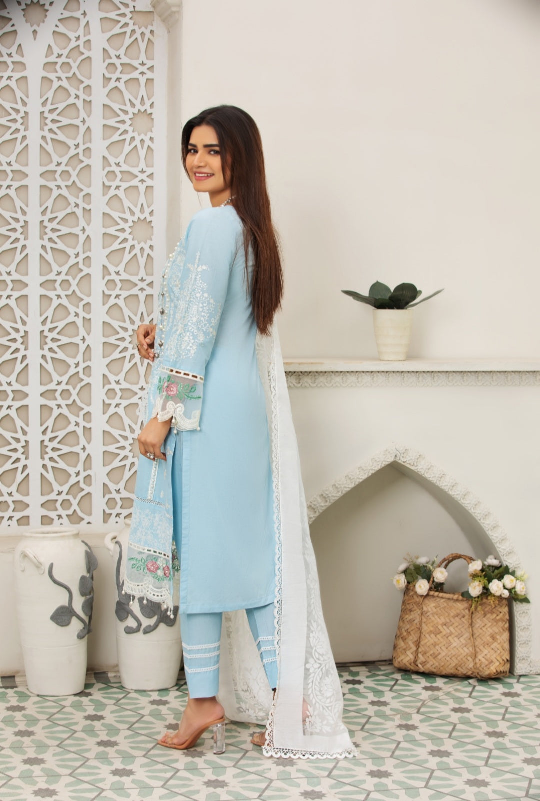 Ice Blue 3 Pc Cambric Cotton Embroidered Dress - Heera's