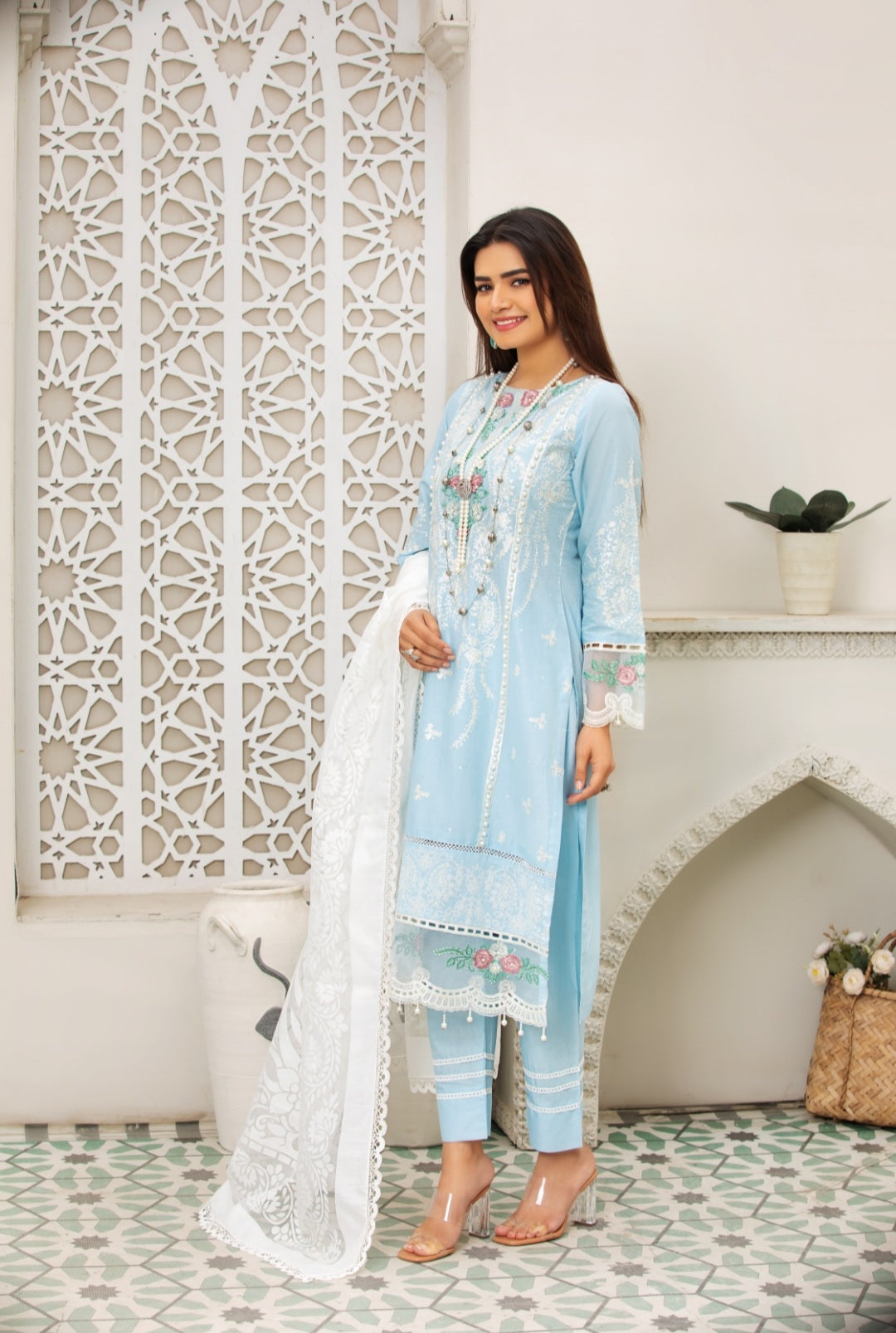 Ice Blue 3 Pc Cambric Cotton Embroidered Dress - Heera's