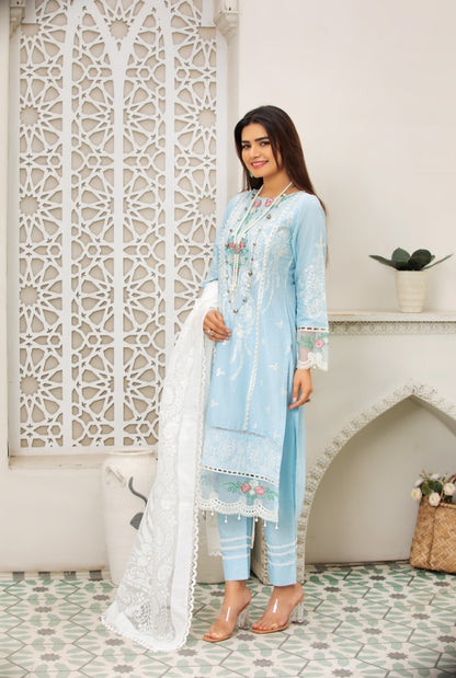 Ice Blue 3 Pc Cambric Cotton Embroidered Dress - Heera's